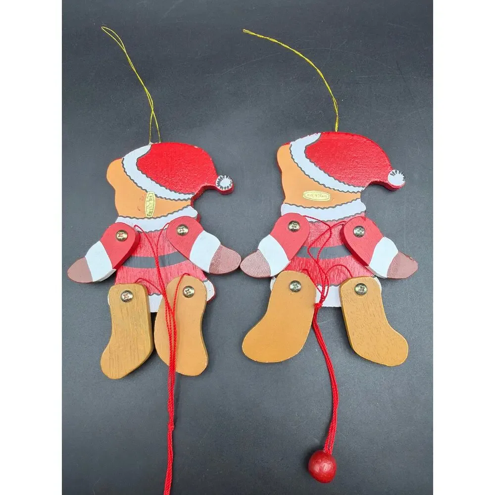 Vintage 1980s Jointed Wooden Teddy Bear Ornaments Set 2 Taiwan 5.5” Poseable